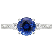 Three Stone Gold Ring Round Ceylon Sapphire & Natural Earth Mined Diamond 2.50 Carats New