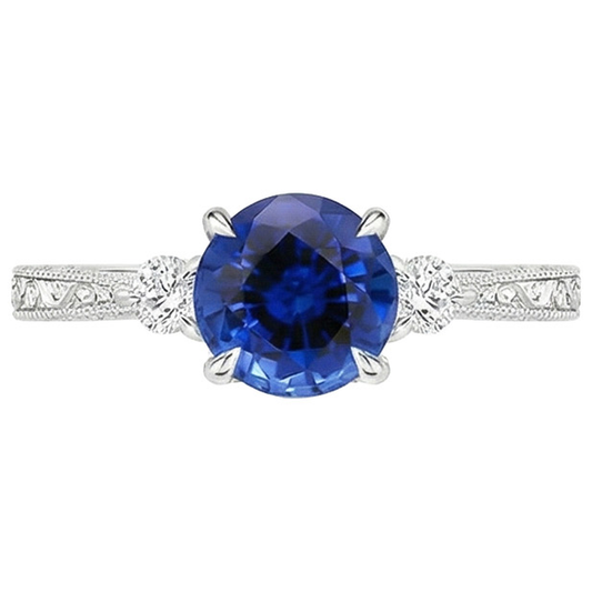 Three Stone Gold Ring Round Ceylon Sapphire & Natural Earth Mined Diamond 2.50 Carats New