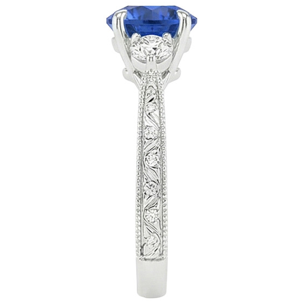 Three Stone Gold Ring Round Ceylon Sapphire & Natural Earth Mined Diamond 2.50 Carats New