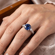 Three Stone Gold Ring Round Ceylon Sapphire & Natural Earth Mined Diamond 2.50 Carats New