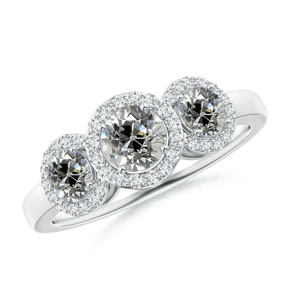 Three Stone Halo Anniversary Ring Round Old Miner Real Diamonds 2.90 Carats