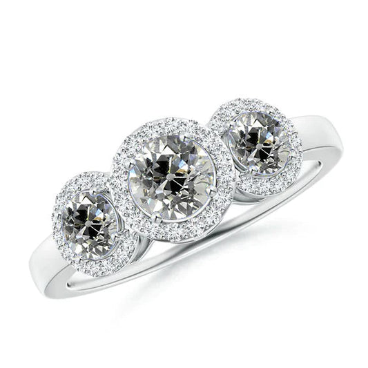 Three Stone Halo Anniversary Ring Round Old Miner Real Diamonds 2.90 Carats