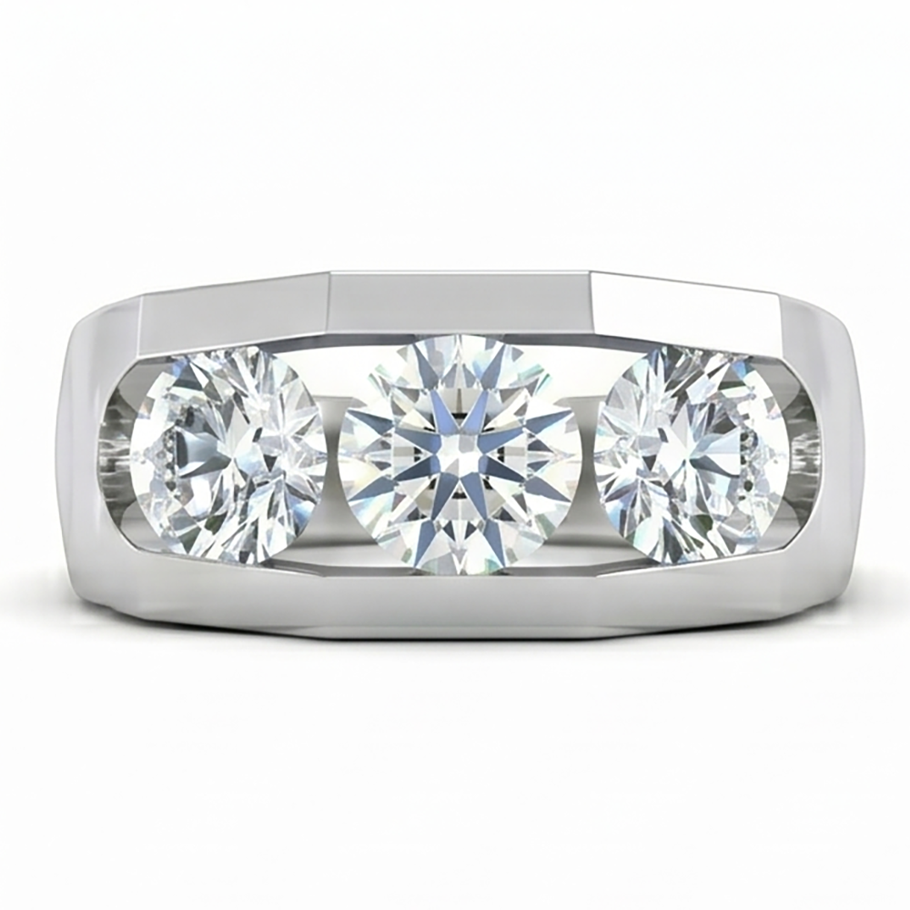Three Stone Men's Ring Lab Grown Round Diamonds 14K Gold