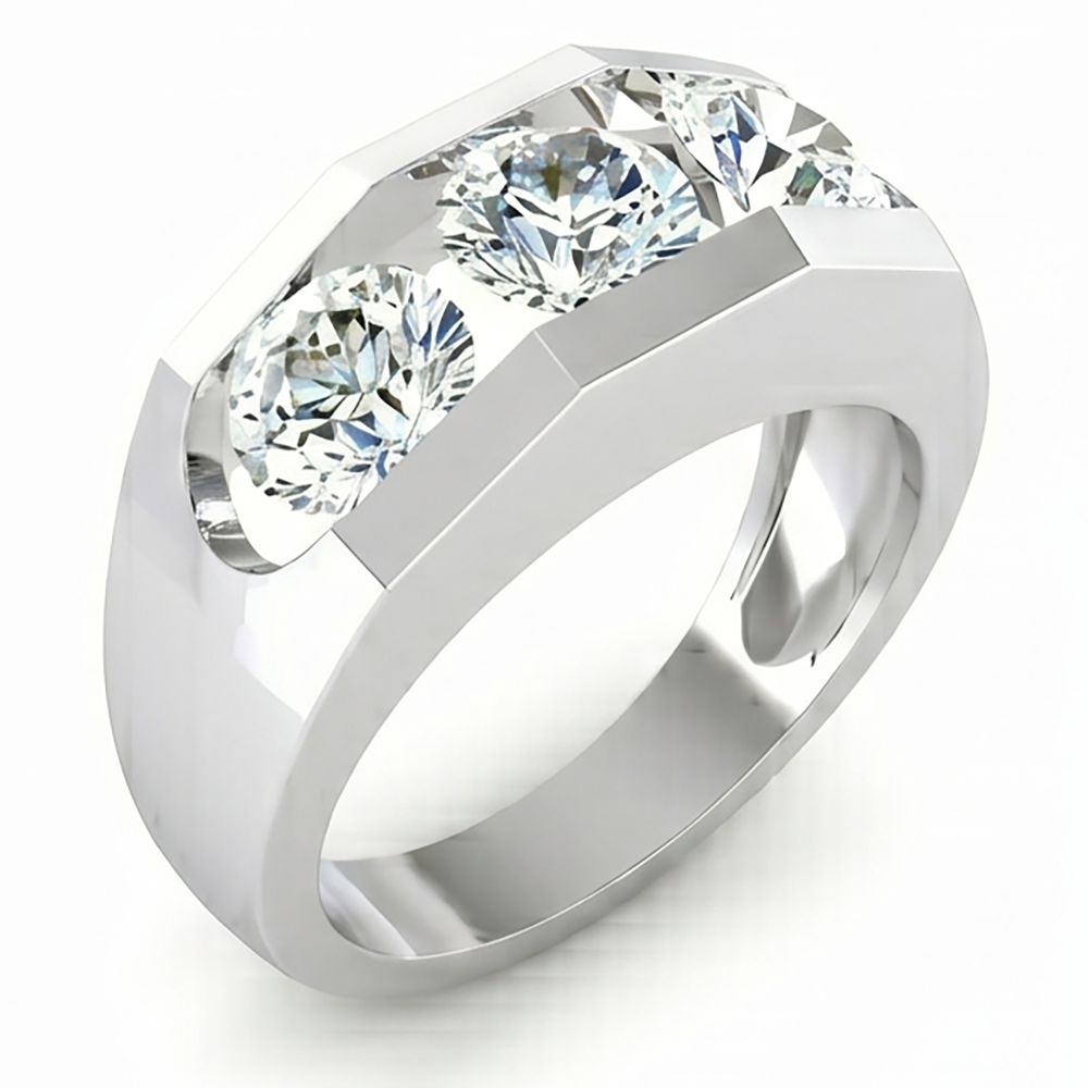 Three Stone Men's Ring Lab Grown Round Diamonds 14K Gold