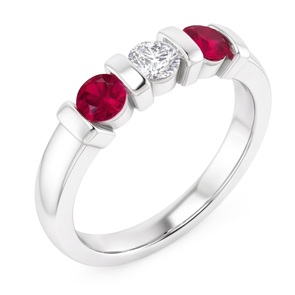Three Stone Natural Earth Mined DIAMOND ( NOT LAB GROWN ) Ruby Ring 0.90 Carats White Gold 14K