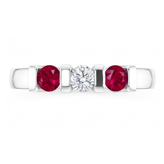 Three Stone Natural Earth Mined DIAMOND ( NOT LAB GROWN ) Ruby Ring 0.90 Carats White Gold 14K