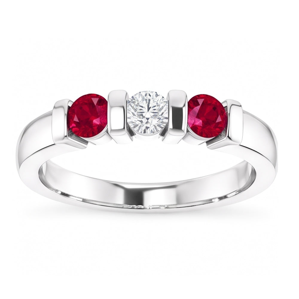 Three Stone Natural Earth Mined DIAMOND ( NOT LAB GROWN ) Ruby Ring 0.90 Carats White Gold 14K
