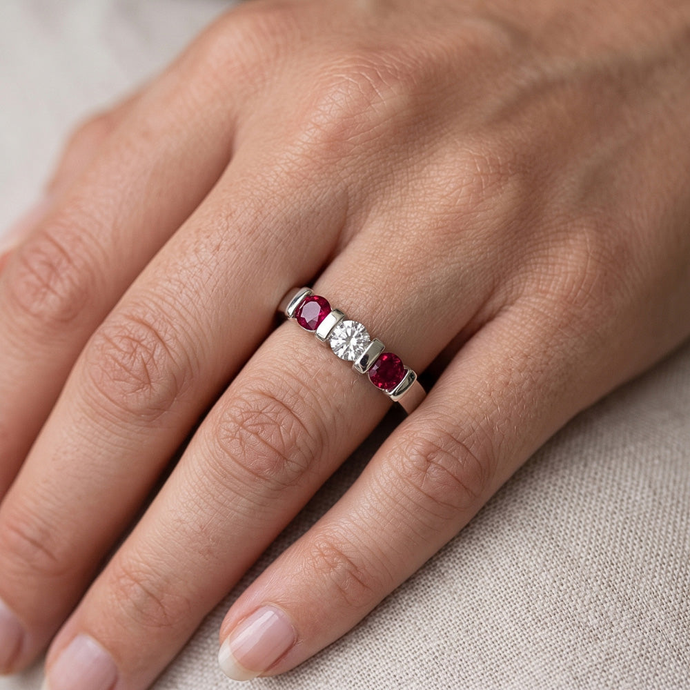 Three Stone Natural Earth Mined DIAMOND ( NOT LAB GROWN ) Ruby Ring 0.90 Carats White Gold 14K