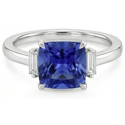Three Stone Natural Earth Mined Diamond Blue Sapphire Ring 3.25 Carats White Gold