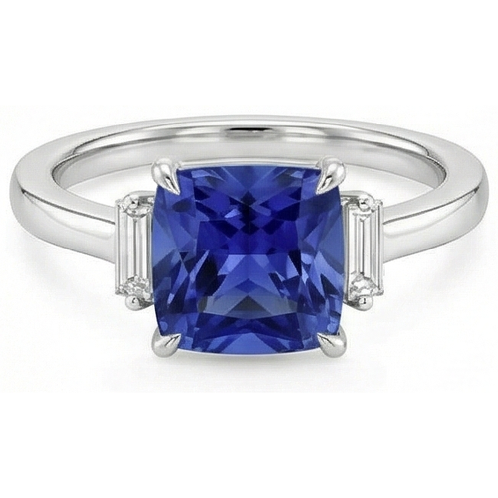 Three Stone Natural Earth Mined Diamond Blue Sapphire Ring 3.25 Carats White Gold