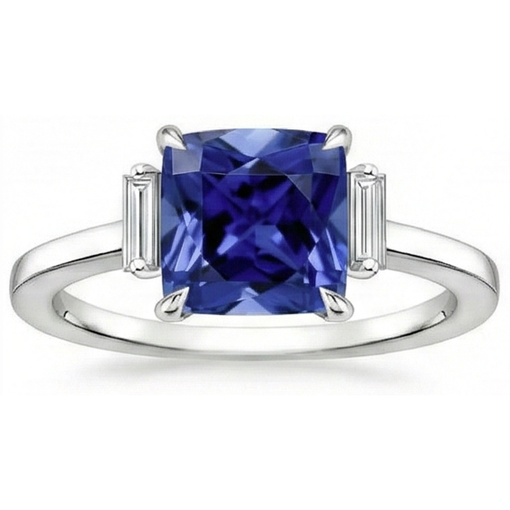 Three Stone Natural Earth Mined Diamond Blue Sapphire Ring 3.25 Carats White Gold
