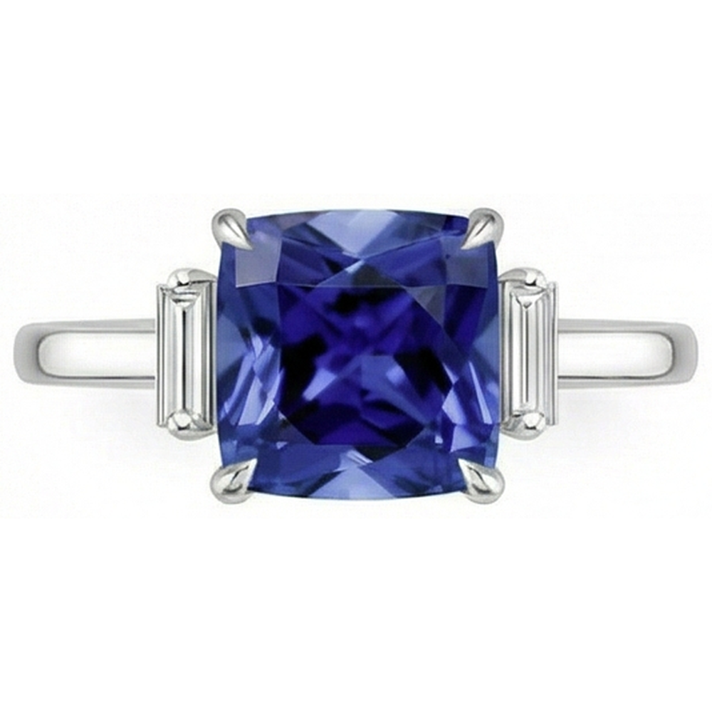 Three Stone Natural Earth Mined Diamond Blue Sapphire Ring 3.25 Carats White Gold