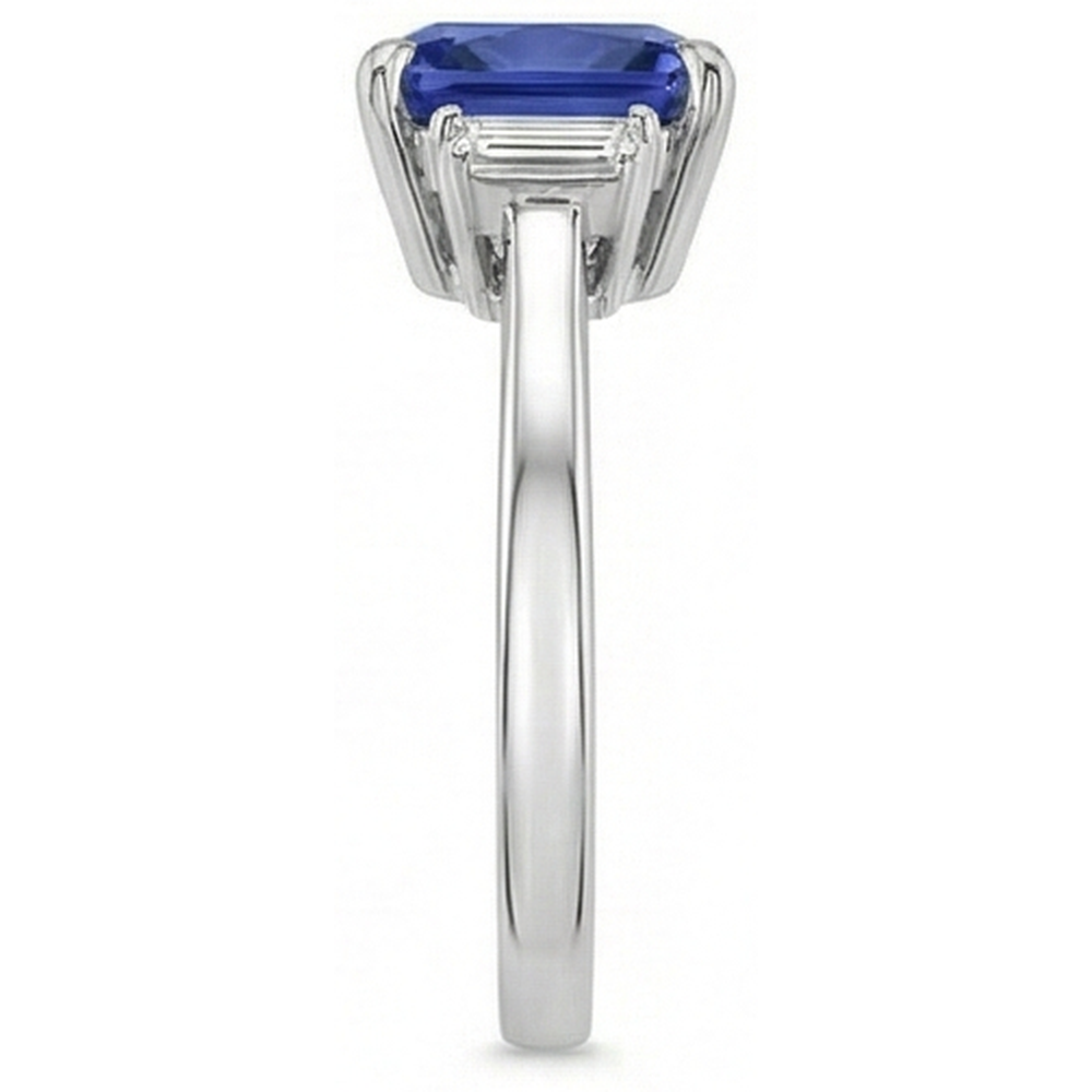 Three Stone Natural Earth Mined Diamond Blue Sapphire Ring 3.25 Carats White Gold