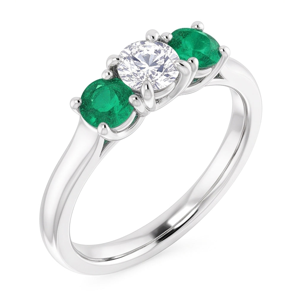 Three Stone Natural Earth Mined Diamond Emerald Ring 2.40 Carats White Gold 14K