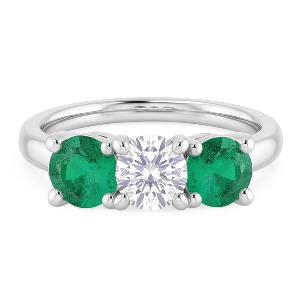 Three Stone Natural Earth Mined Diamond Emerald Ring 2.40 Carats White Gold 14K