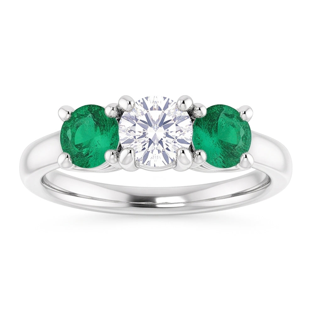 Three Stone Natural Earth Mined Diamond Emerald Ring 2.40 Carats White Gold 14K