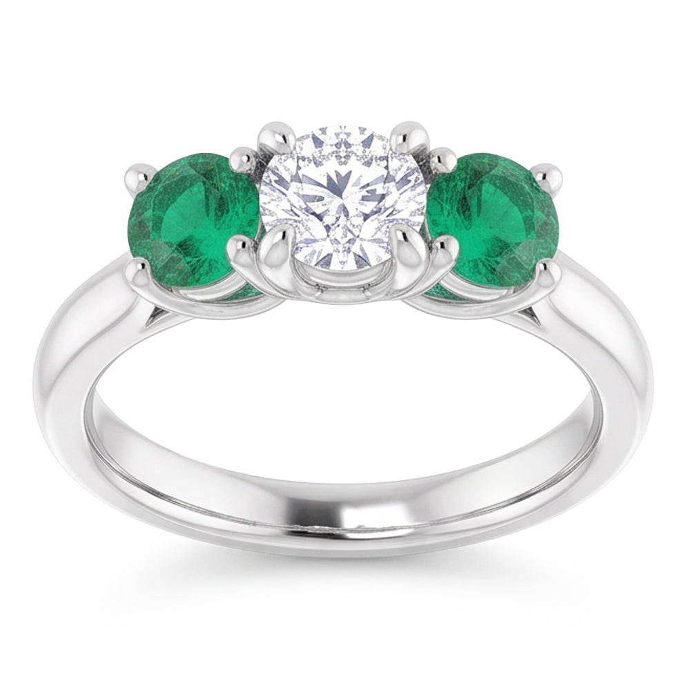 Three Stone Natural Earth Mined Diamond Emerald Ring 2.40 Carats White Gold 14K