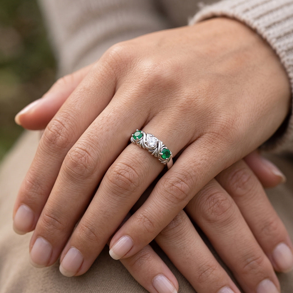 Three-Stone Natural Earth Mined Diamond Ring Emerald Antique Style 0.60 Carats