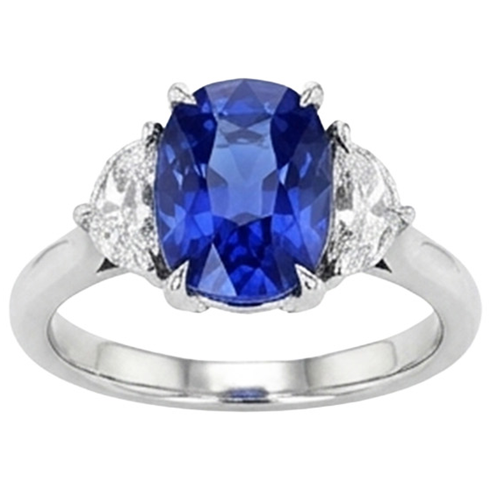 Three Stone Natural Earth Mined Diamond & Blue Sapphire Engagement Ring 8 Carats Gold 14K
