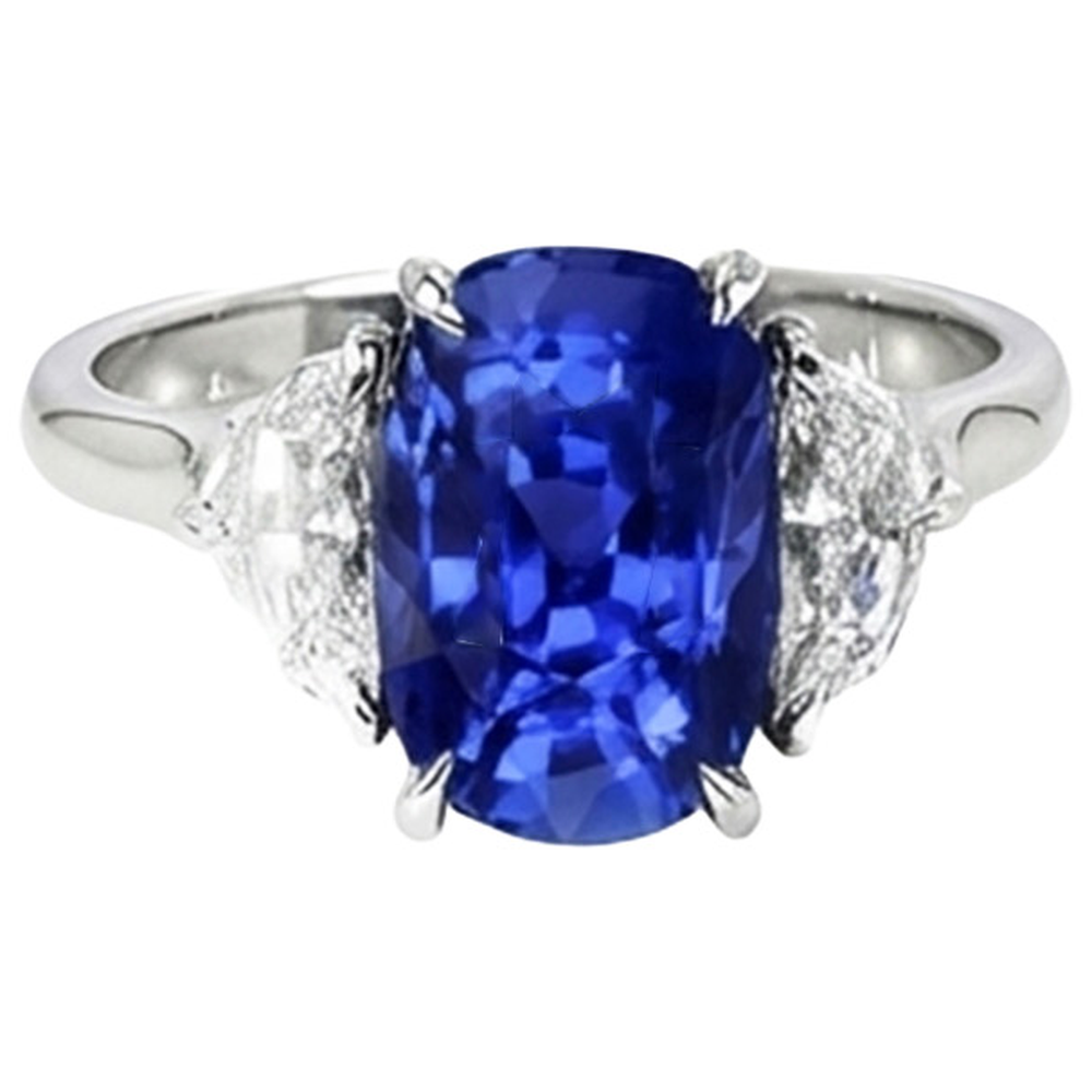 Three Stone Natural Earth Mined Diamond & Blue Sapphire Engagement Ring 8 Carats Gold 14K