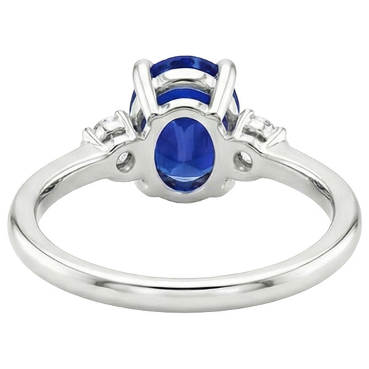 Three Stone Natural Earth Mined Diamond & Oval Ceylon Sapphire Ring 3.50 Carats White Gold