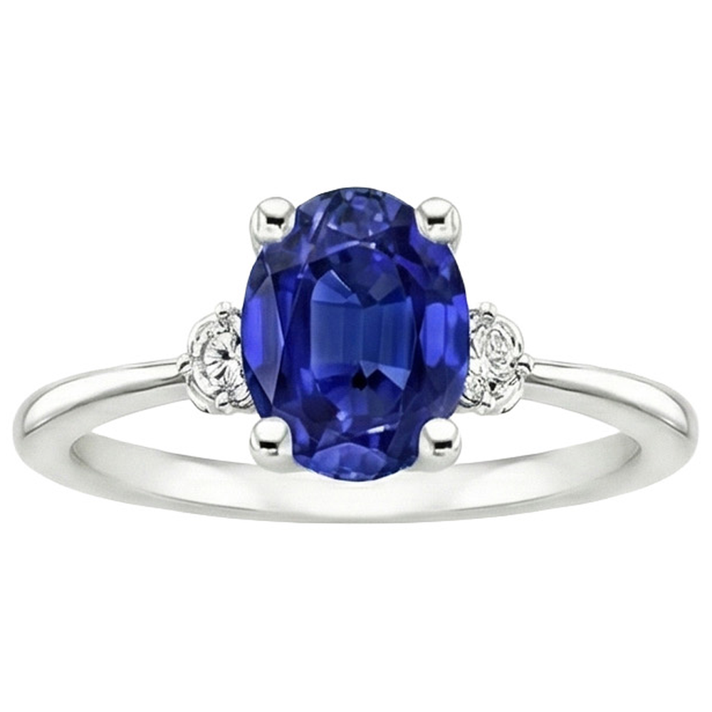Three Stone Natural Earth Mined Diamond & Oval Ceylon Sapphire Ring 3.50 Carats White Gold