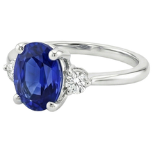 Three Stone Natural Earth Mined Diamond & Oval Ceylon Sapphire Ring 3.50 Carats White Gold
