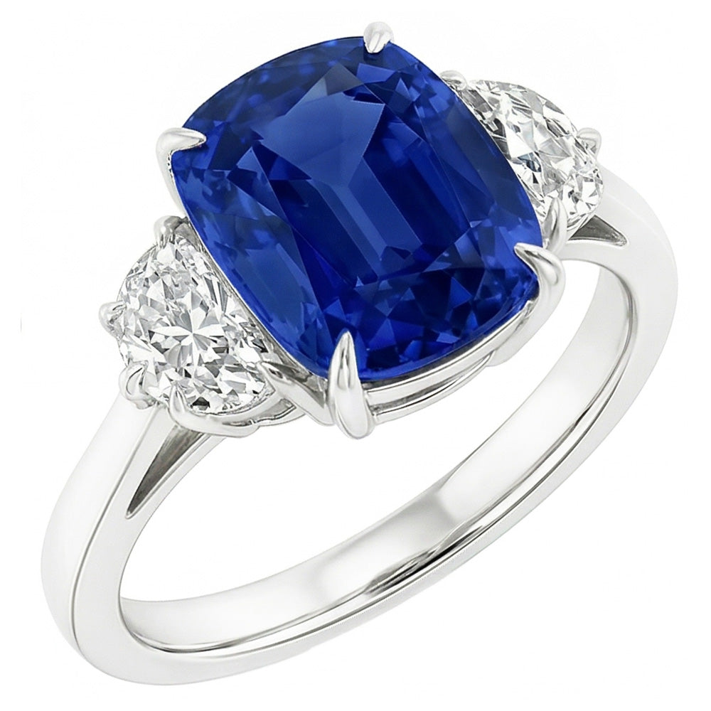 Three Stone Oval Blue Sapphire Ring 4.50 Carats Half Moon Natural Earth Mined Diamonds