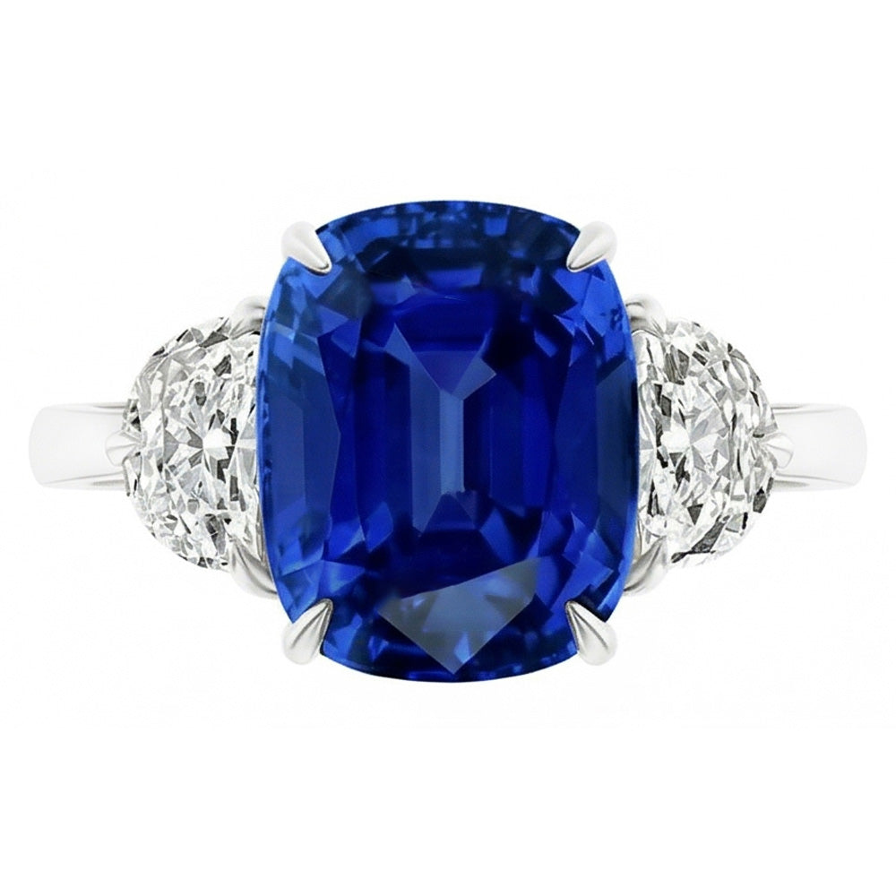 Three Stone Oval Blue Sapphire Ring 4.50 Carats Half Moon Natural Earth Mined Diamonds