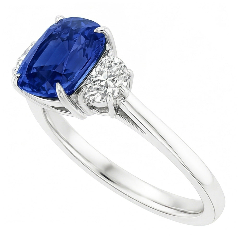 Three Stone Oval Blue Sapphire Ring 4.50 Carats Half Moon Natural Earth Mined Diamonds