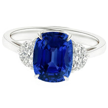 Three Stone Oval Blue Sapphire Ring 4.50 Carats Half Moon Natural Earth Mined Diamonds