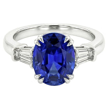 Three Stone Oval Blue Sapphire Ring With Baguette Natural Earth Mined Diamond 3.25 Carats