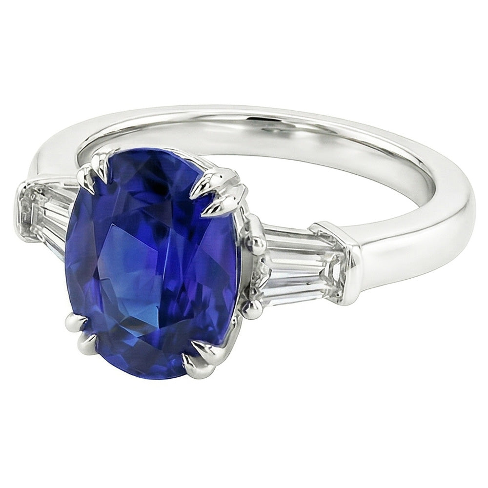 Three Stone Oval Blue Sapphire Ring With Baguette Natural Earth Mined Diamond 3.25 Carats