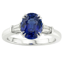 Three Stone Oval Blue Sapphire Ring With Baguette Natural Earth Mined Diamond 3.25 Carats