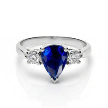 Three Stone Pear Blue Sapphire And Natural Earth Mined DIAMOND ( NOT LAB GROWN ) Engagement Ring 4.20 Ct.