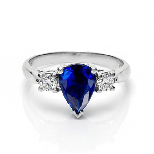 Three Stone Pear Blue Sapphire And Natural Earth Mined DIAMOND ( NOT LAB GROWN ) Engagement Ring 4.20 Ct.