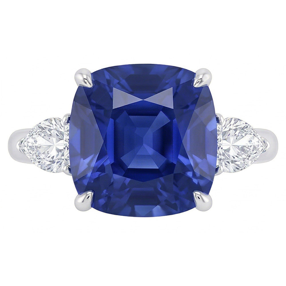 Three Stone Pear Natural Earth Mined Diamond & Cushion Blue Sapphire Ring 3.50 Carats