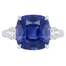 Three Stone Pear Natural Earth Mined Diamond & Cushion Blue Sapphire Ring 3.50 Carats