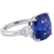 Three Stone Pear Natural Earth Mined Diamond & Cushion Blue Sapphire Ring 3.50 Carats