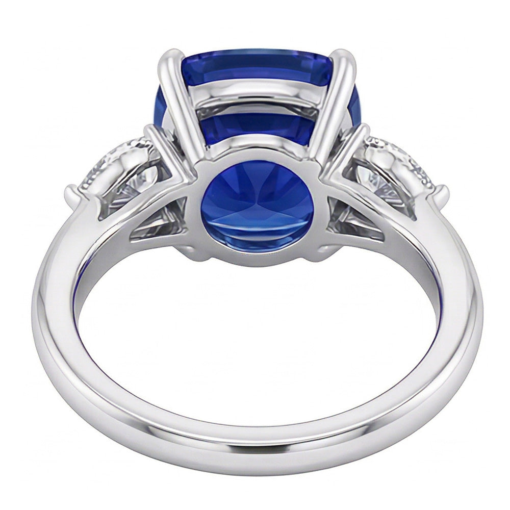 Three Stone Pear Natural Earth Mined Diamond & Cushion Blue Sapphire Ring 3.50 Carats
