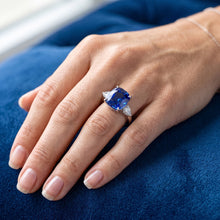 Three Stone Pear Natural Earth Mined Diamond & Cushion Blue Sapphire Ring 3.50 Carats