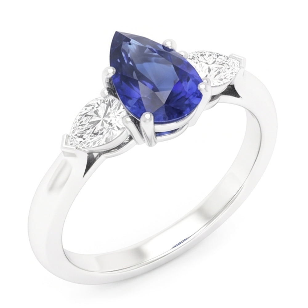 Three Stone Pear Sri Lankan Sapphire & Natural Earth Mined Diamond Ring 1.25 Carats