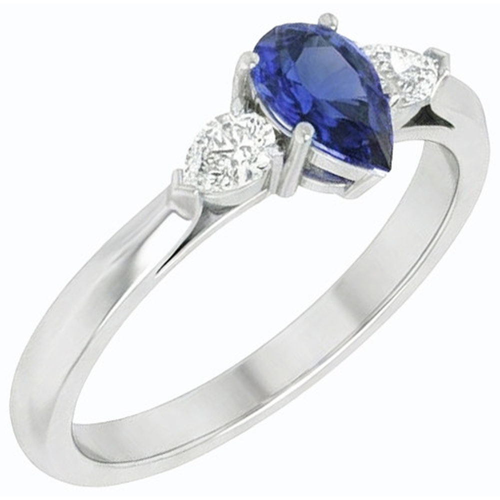 Three Stone Pear Sri Lankan Sapphire & Natural Earth Mined Diamond Ring 1.25 Carats