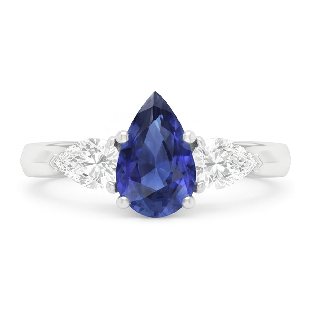 Three Stone Pear Sri Lankan Sapphire & Natural Earth Mined Diamond Ring 1.25 Carats