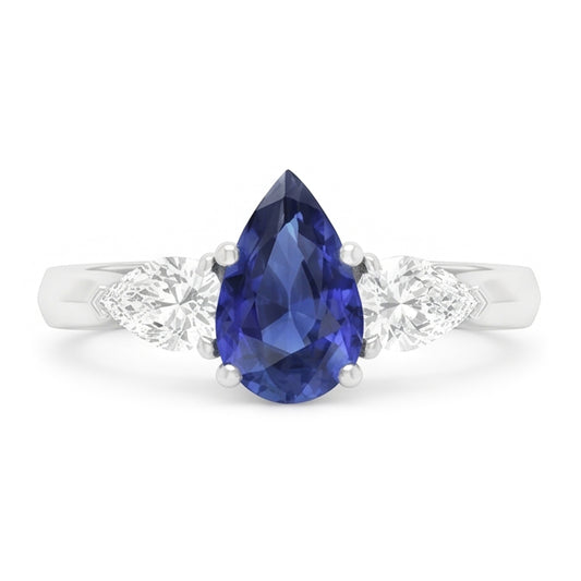 Three Stone Pear Sri Lankan Sapphire & Natural Earth Mined Diamond Ring 1.25 Carats