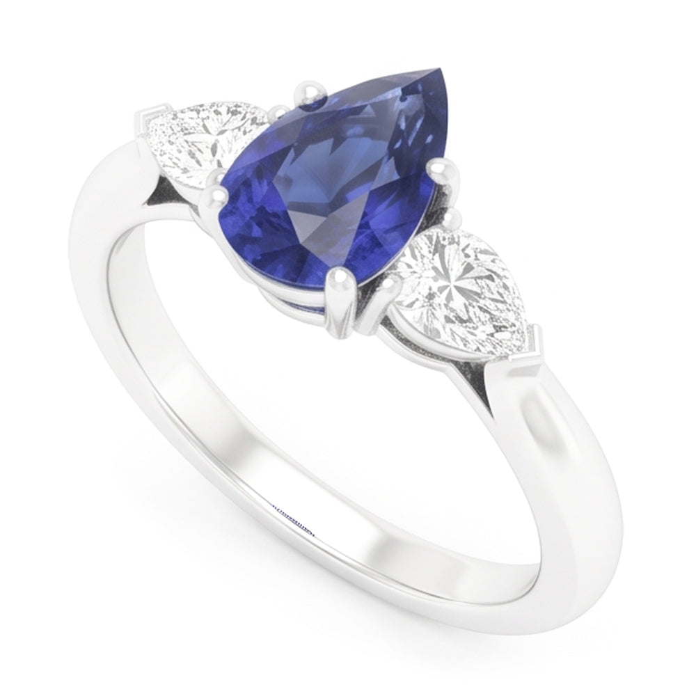 Three Stone Pear Sri Lankan Sapphire & Natural Earth Mined Diamond Ring 1.25 Carats