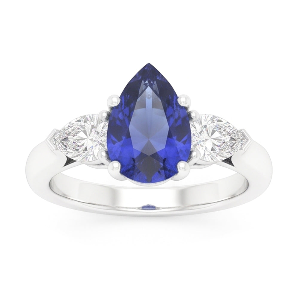 Three Stone Pear Sri Lankan Sapphire & Natural Earth Mined Diamond Ring 1.25 Carats