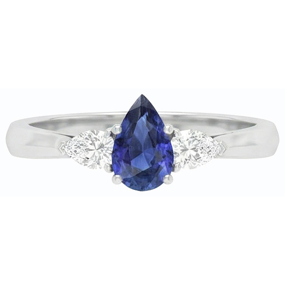 Three Stone Pear Sri Lankan Sapphire & Natural Earth Mined Diamond Ring 1.25 Carats