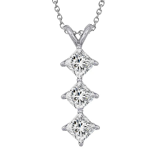 Three Stone Princess Cut Real Diamond Pendant Necklace 3.0 Carat WG 14K