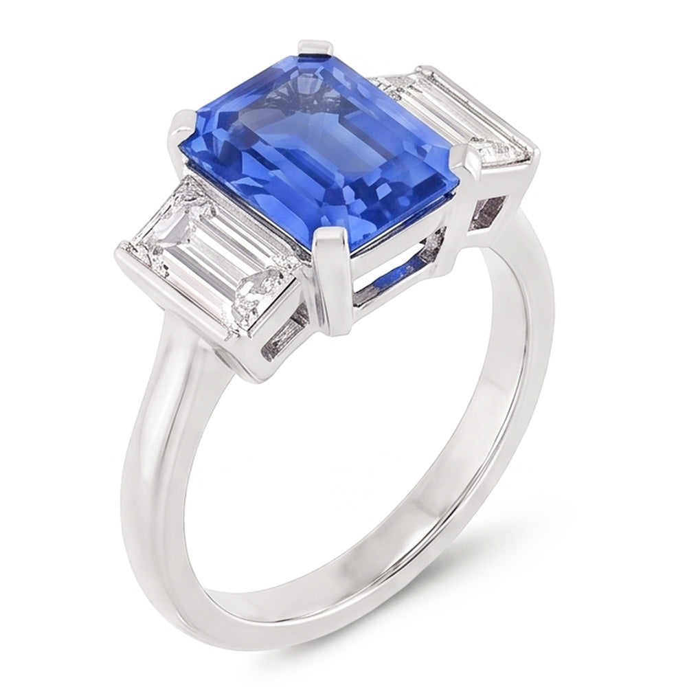 Three Stone Radiant Sapphire & Baguette Natural Earth Mined Diamond Ring 3.50 Carats Gold